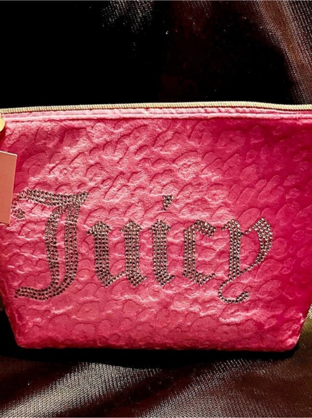 Juicy Couture Pink Leopard Velour Rhinestone Logo Cosmetic Pouch